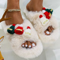 Women's Christmas hat design slippers with hairy faux plush upper in black, khaki and white colours