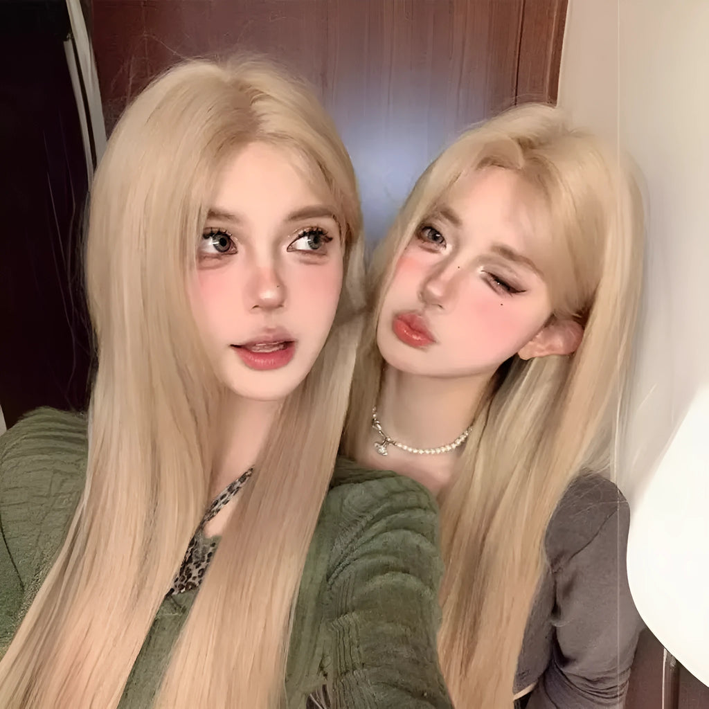 Long straight synthetic wig in milk tea blonde gold colour with hair net on display