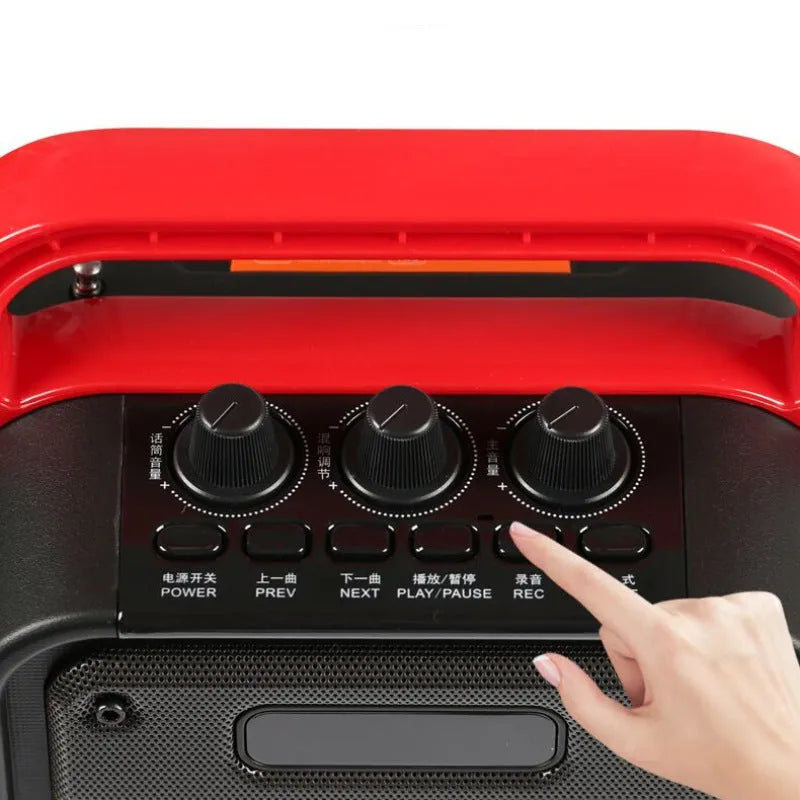 MS62AI portable Bluetooth speaker with wireless microphone, remote control, and shoulder strap