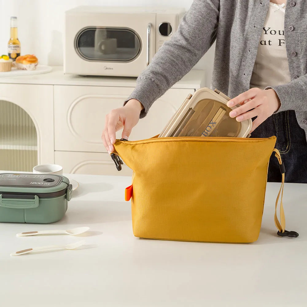 Japanese style insulated food storage bag in Oxford cloth, shown in Army Green colour.