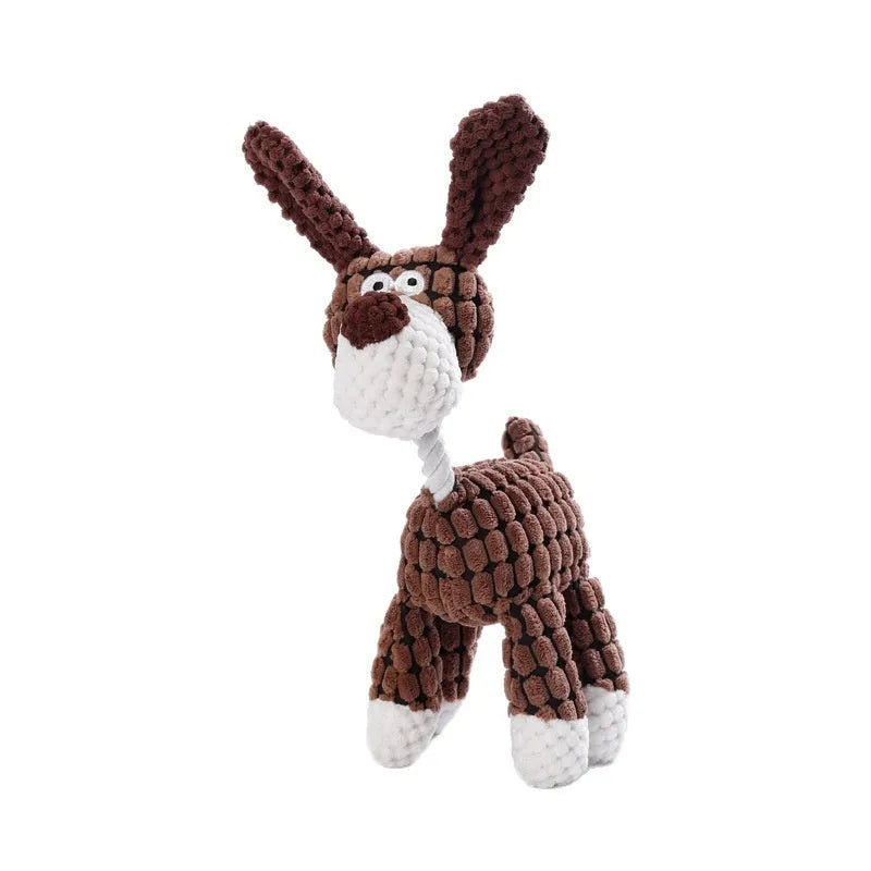 Assortment of plush puppy teething toys including a rechargeable duck, a multi-coloured donkey, an elephant, and a dog.