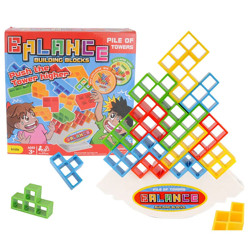 Balance stacking game set with plastic building blocks and wooden chassis