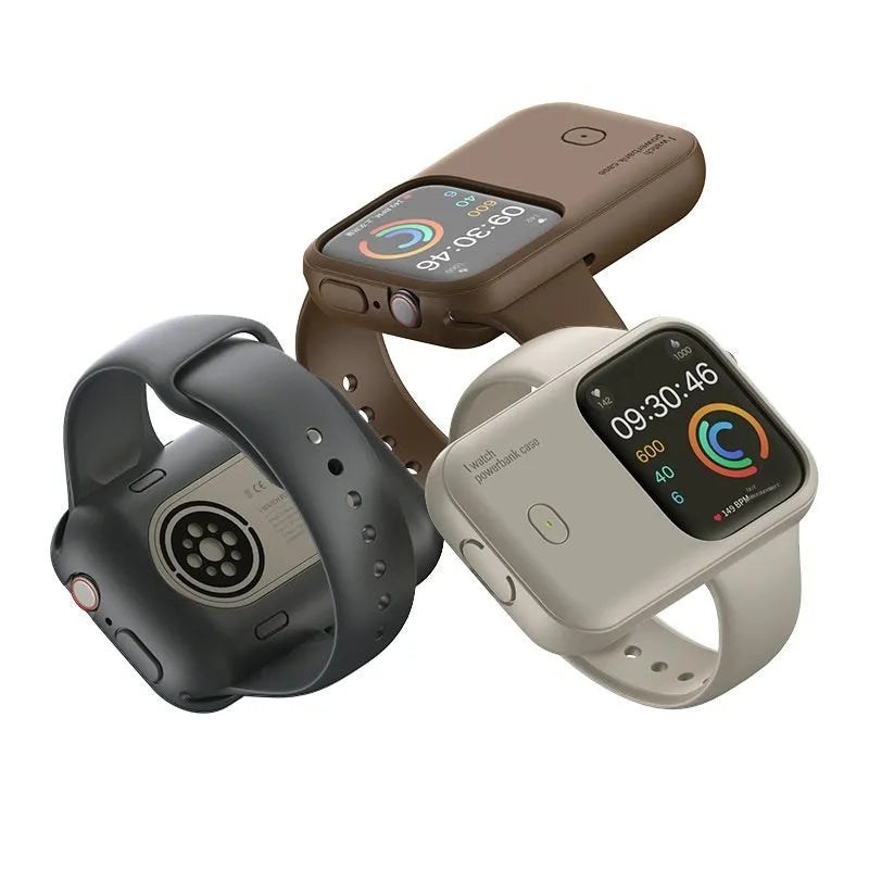 Apple Watch portable charging case with silicone sleeve, shown alongside compatible watch.