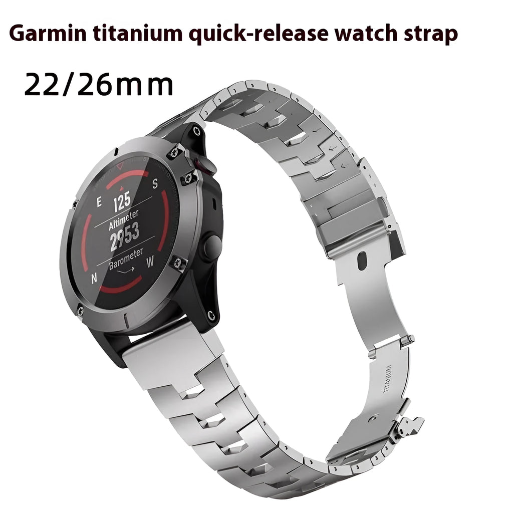 Garmin Jiaming Fenix watch replacement strap in black, silver, titanium colours showing 22mm and 26mm width options