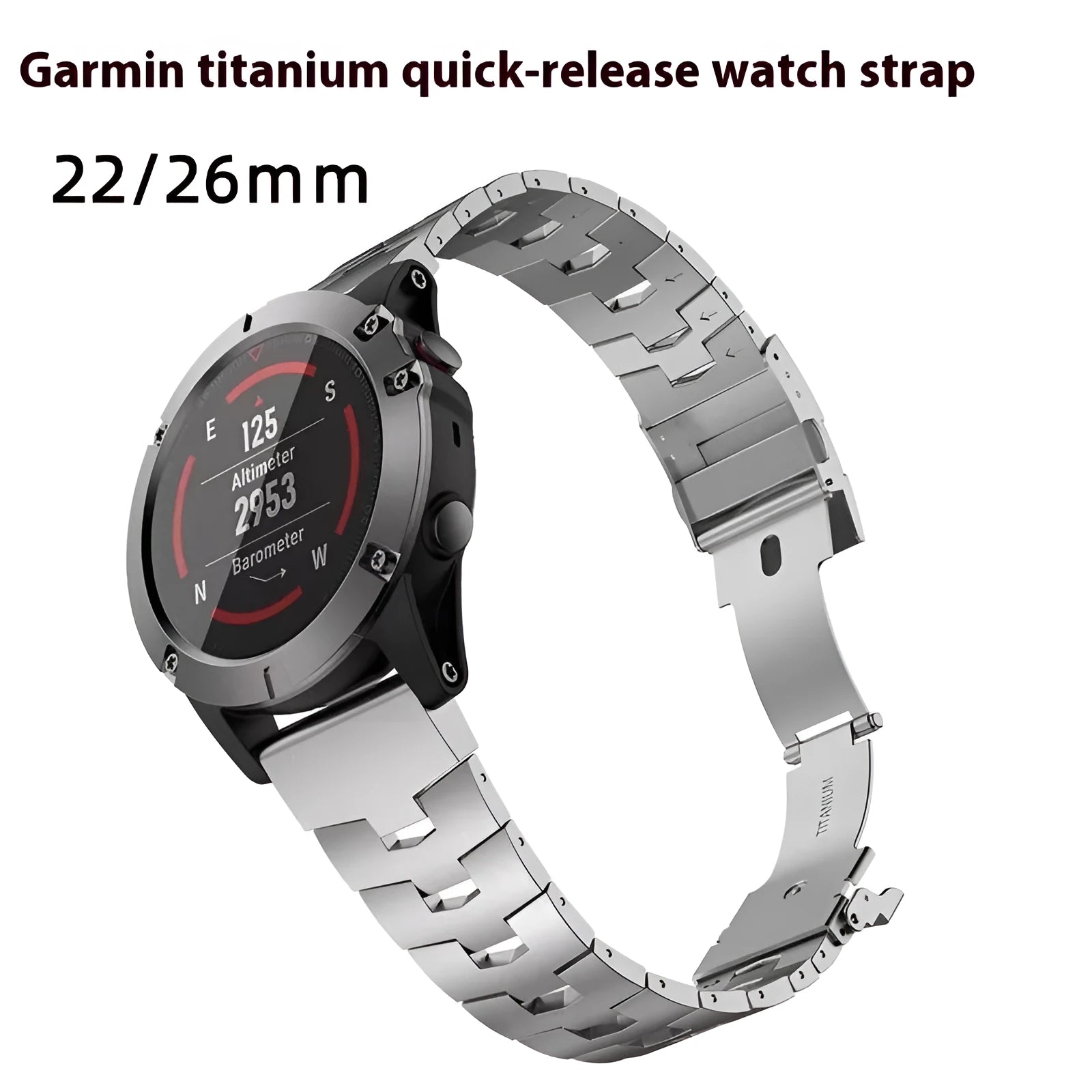 Garmin Jiaming Fenix watch replacement strap in black, silver, titanium colours showing 22mm and 26mm width options