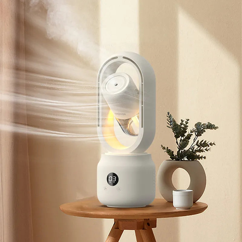 White bladeless table fan with humidifier tank on desk showing up-down oscillation