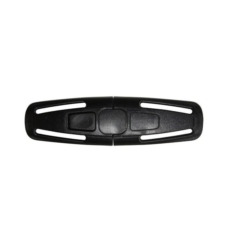 Black nylon seat belt clip for child safety seat 5-point harness systems measuring 14.5cm by 4cm