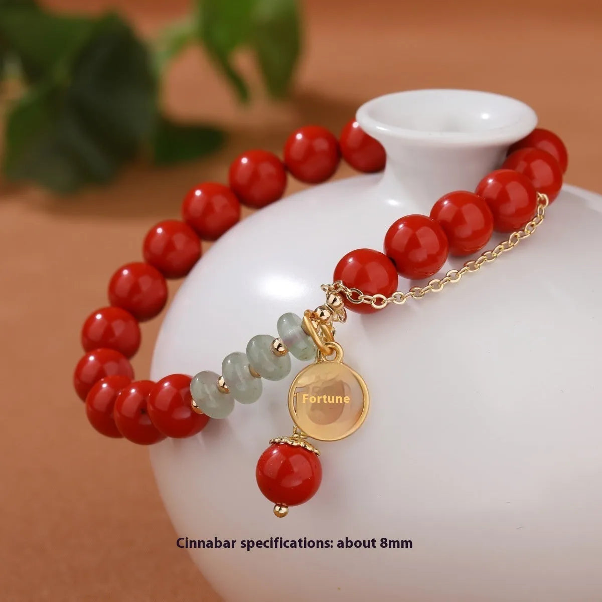 Retro women's red sand cinnabar bracelet with carved fu character and jade spacer