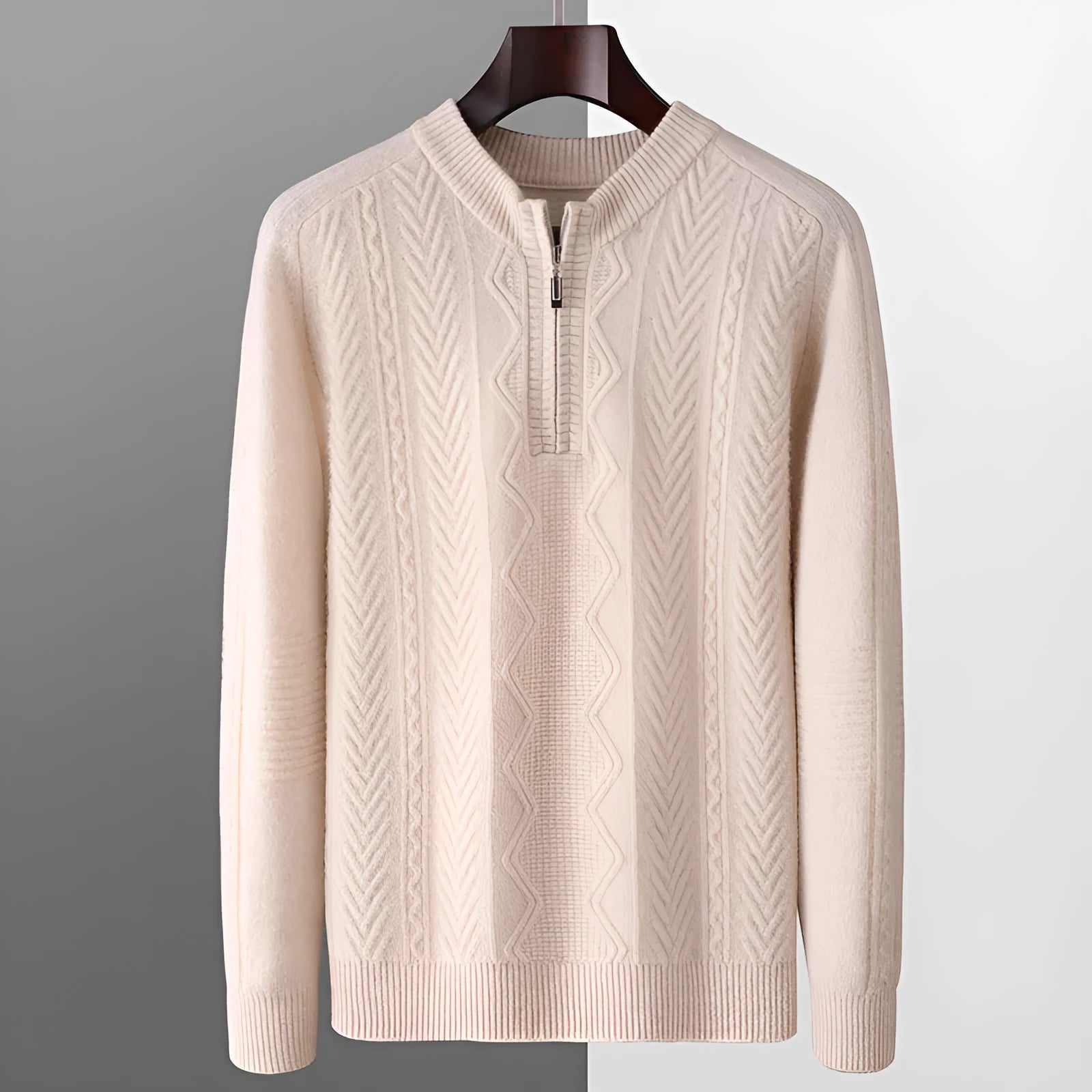 Men's loose fit wool sweater with diamond pattern and half-zip front in light camel colour