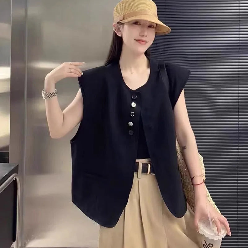 Women's loose-fit short polyester vest in milky white with a pocket, shown on a hanger.