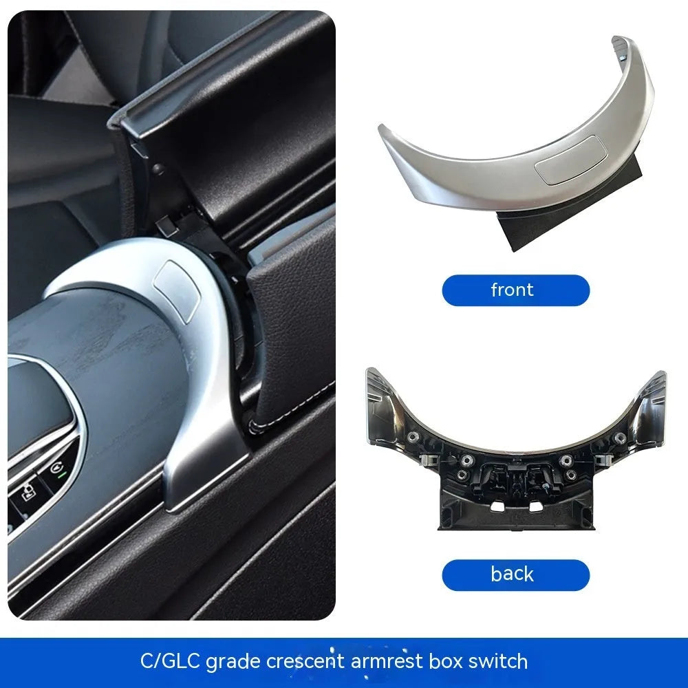 Electroplated armrest button panel for Mercedes C/GLC in silver, black, and carbon pattern finishes