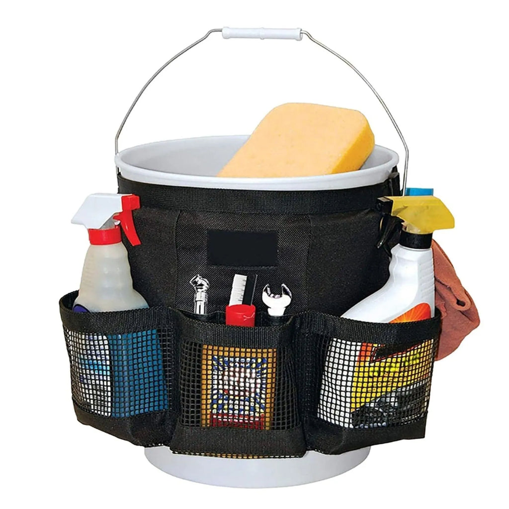 Black cylindrical polyester storage bag hanging on a 5-gallon bucket for organising tools.