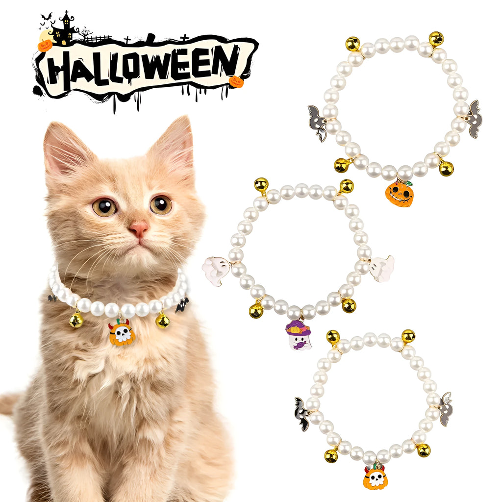 Halloween pet collar decoration with simulated pearl necklace design in purple ghost pumpkin pattern