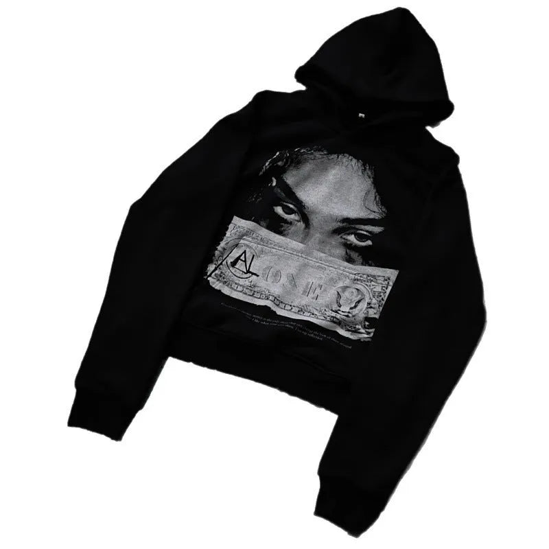 Black women's loose fit hooded sweater with dark printed cartoon pattern design