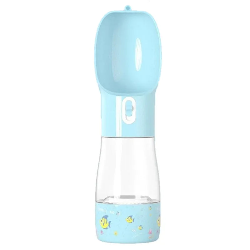 Travel Out portable dog food water cup with blue printed design, 258ml water capacity