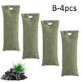 Black, green, grey, and blue bamboo charcoal deodoriser bags for shoes and household odour absorption.