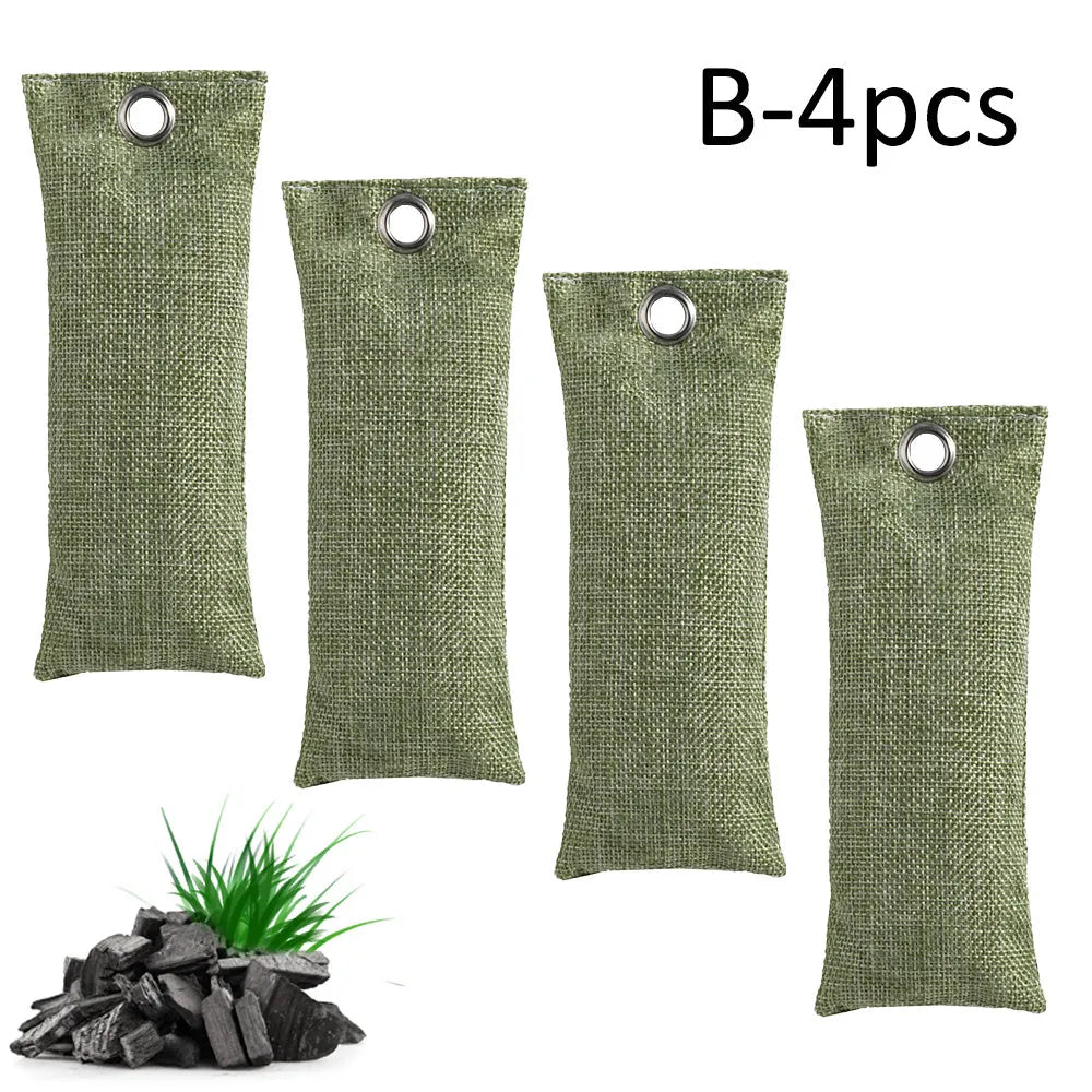 Black, green, grey, and blue bamboo charcoal deodoriser bags for shoes and household odour absorption.