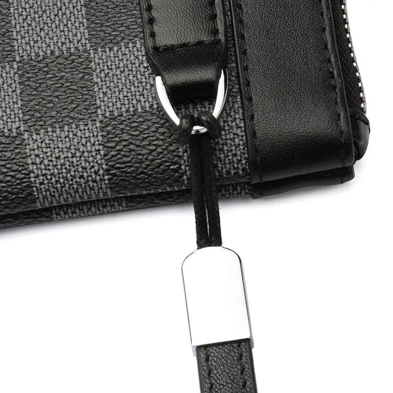 Black genuine cowhide leather men's clutch wallet measuring 20 by 10 centimetres