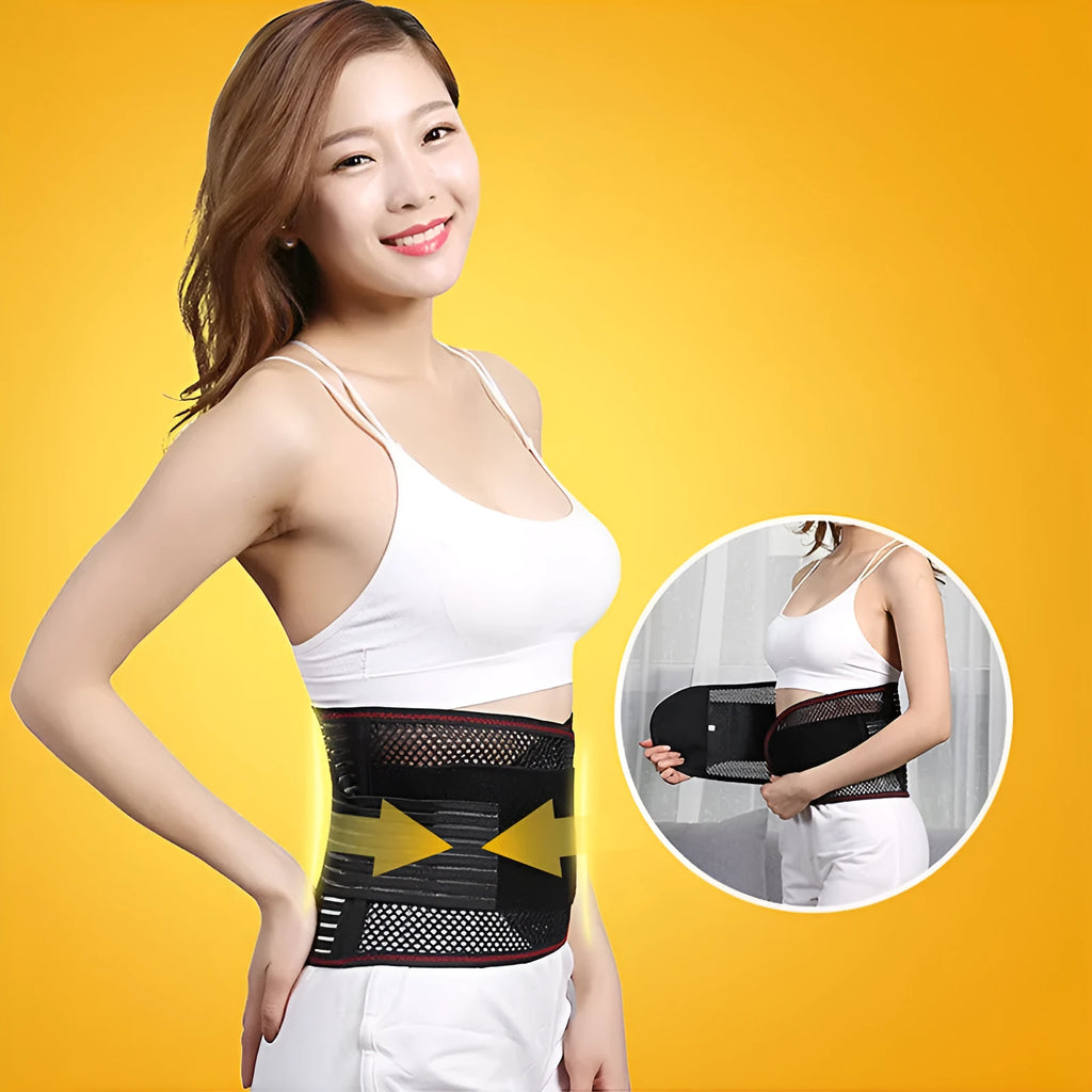 Black breathable sports waist support belt with internal steel plate shown on a plain background.