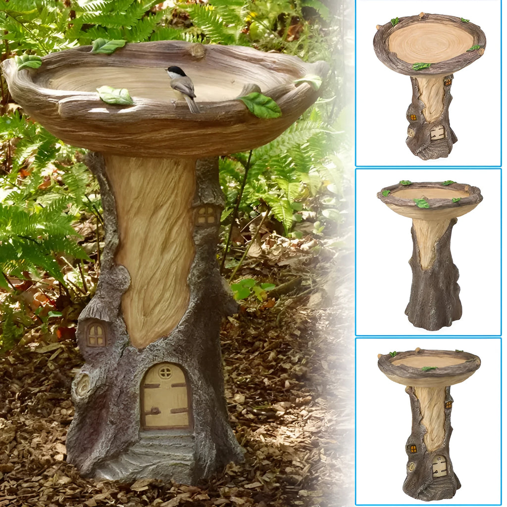 Sunflower resin garden ornament set with polyresin bird bath and 22cm raccoon, puppy, owl, rooster figurines