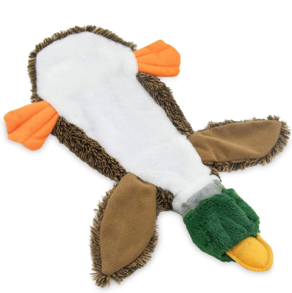 Green soft plush wild duck dog toy with no stuffing and a bottom fastener.