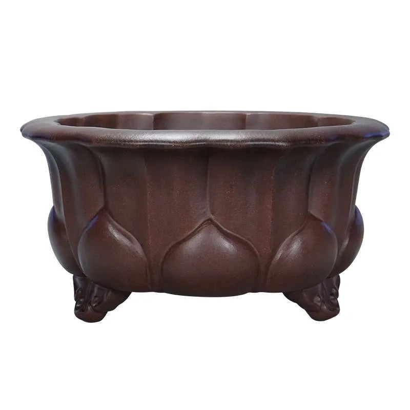 Purple sand clay succulent flower pot with petal-shaped basin and antique finish, 37cm wide.