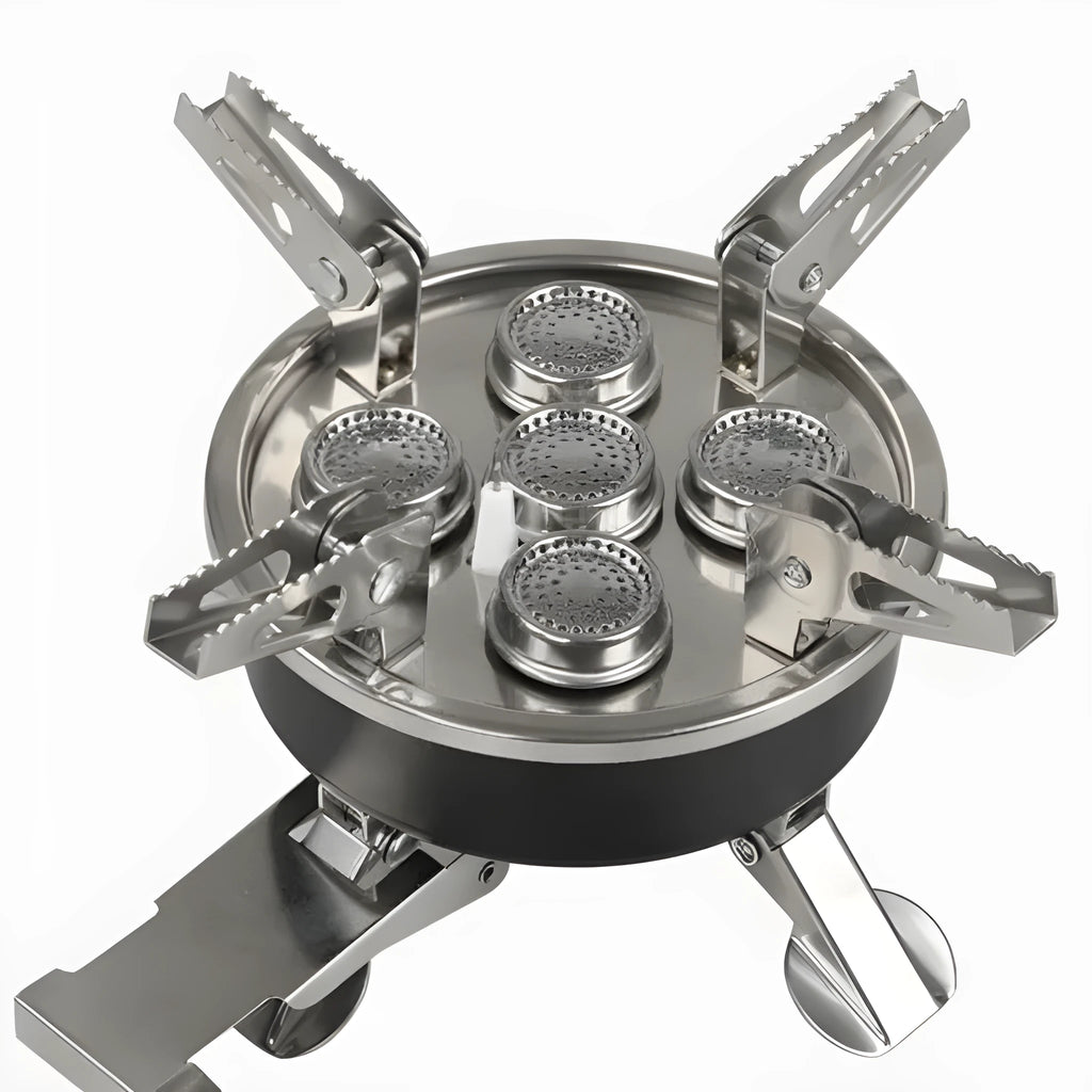 Silver portable stainless steel split camping stove shown unfolded with a 100cm fuel hose.
