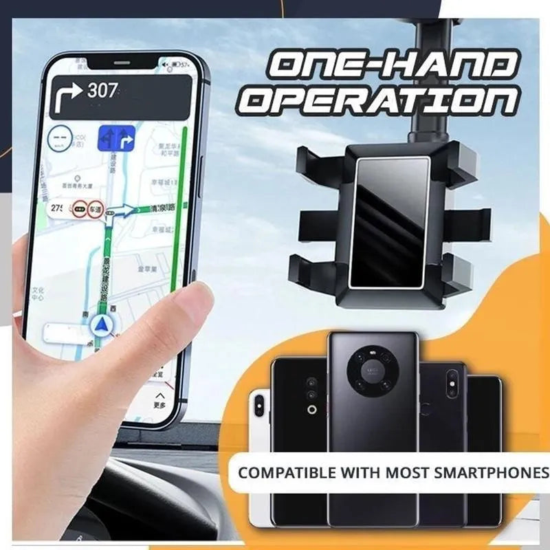 Black rearview mirror car phone holder showing 360-degree rotation and retractable arm extension.