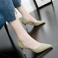 Women's black pointed toe stiletto high heel shoes with a 6-8cm heel on a rubber sole.