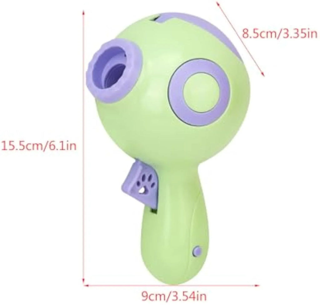 Green, orange, or pink dog treat launcher and slow feeder interactive toy.