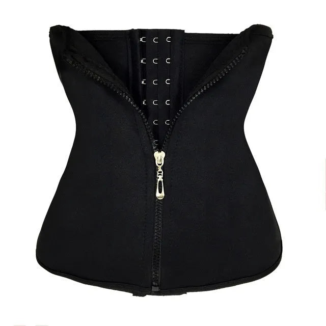 A black neoprene breasted body shaping belly band laid flat, showing its high-waist design.