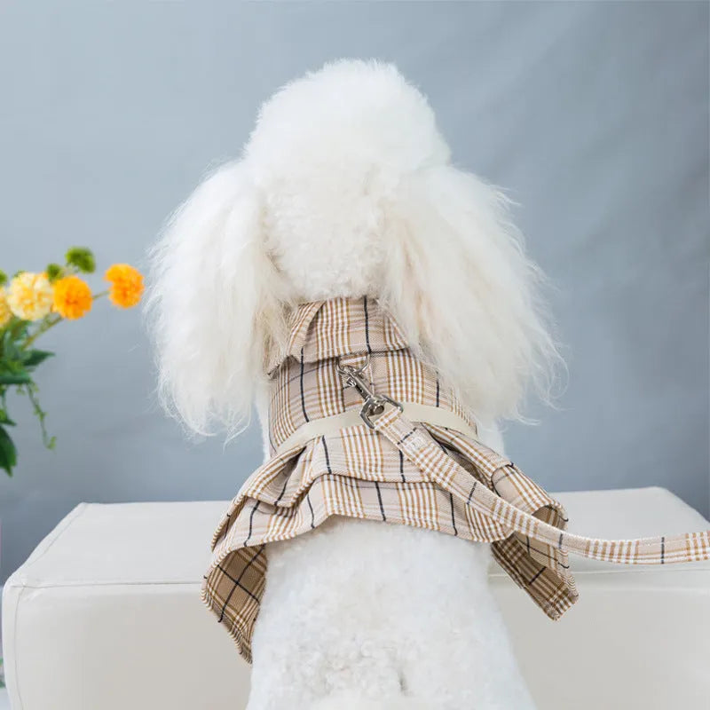 Adjustable polyester pet vest with hand holding rope in milky white or purple skirt colour