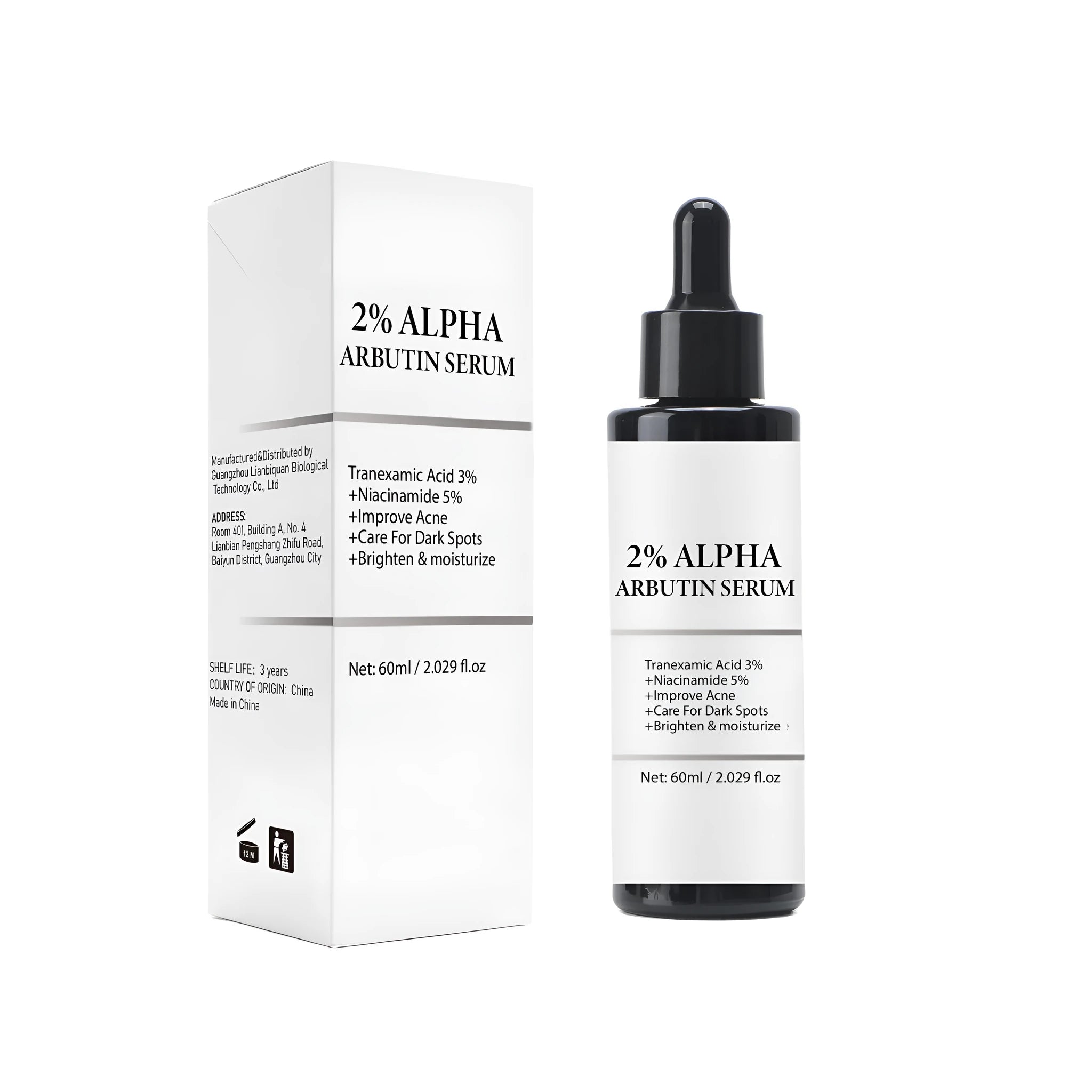 Alpha-arbutin facial care solution bottle with 60ml content and 38mm width