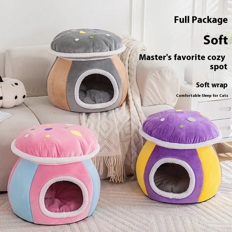 Grey mushroom-shaped plush cat bed with a detachable blanket and rabbit plush lining