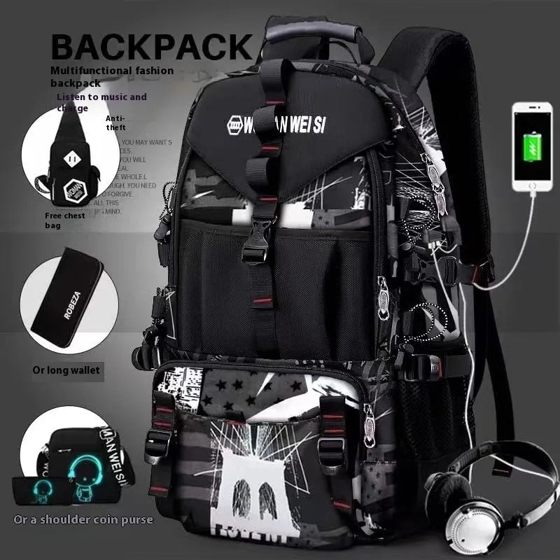 Men's waterproof Oxford cloth hiking backpack in camouflage colour with air pillow belt.