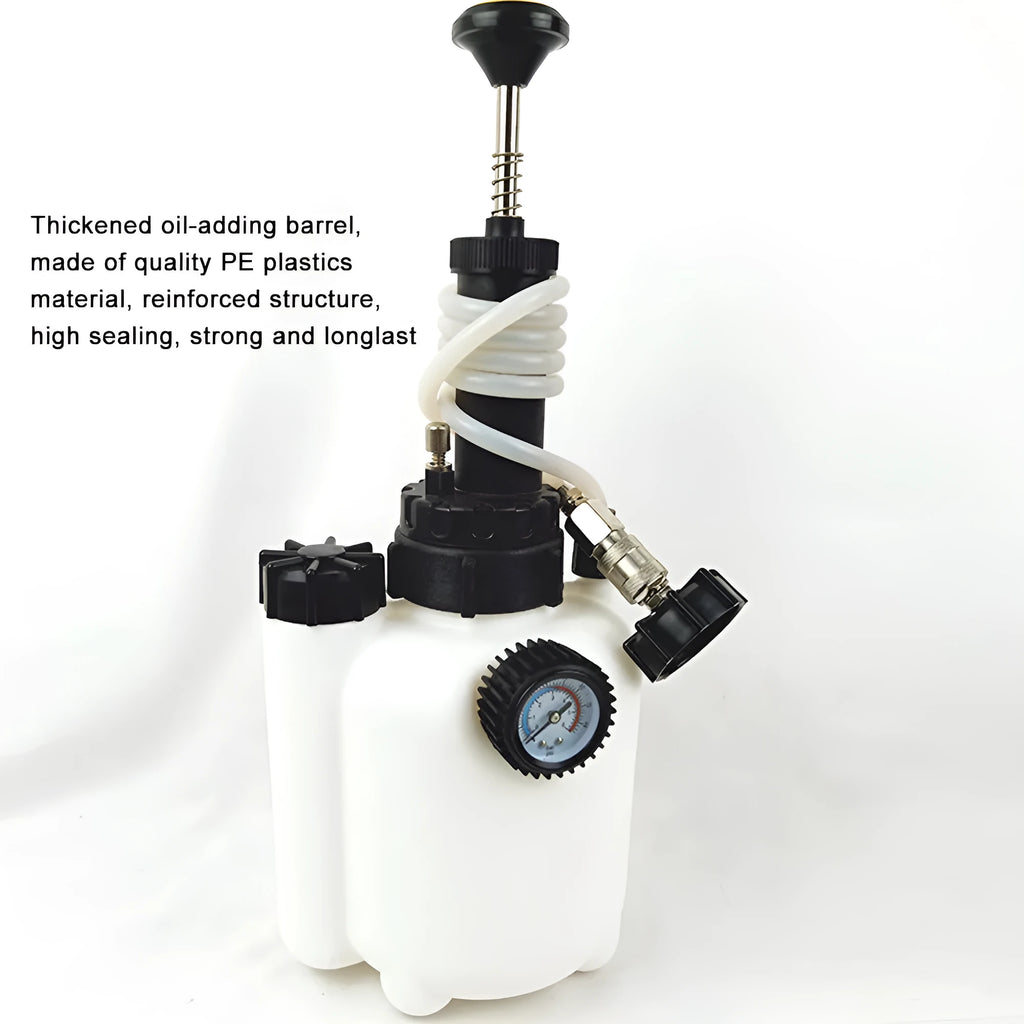White 3-litre automotive brake oil tank replacement tool with copper, iron, and plastic construction.