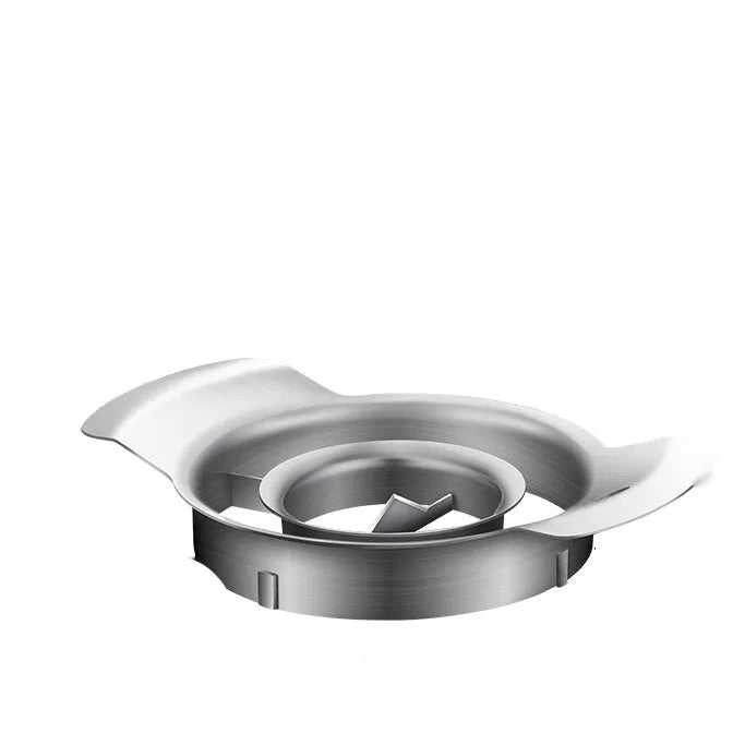 Stainless steel pomegranate fruit cutting tool set with bowl and wooden hammer on a kitchen counter