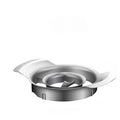 Stainless steel pomegranate fruit cutting tool set with bowl and wooden hammer on a kitchen counter