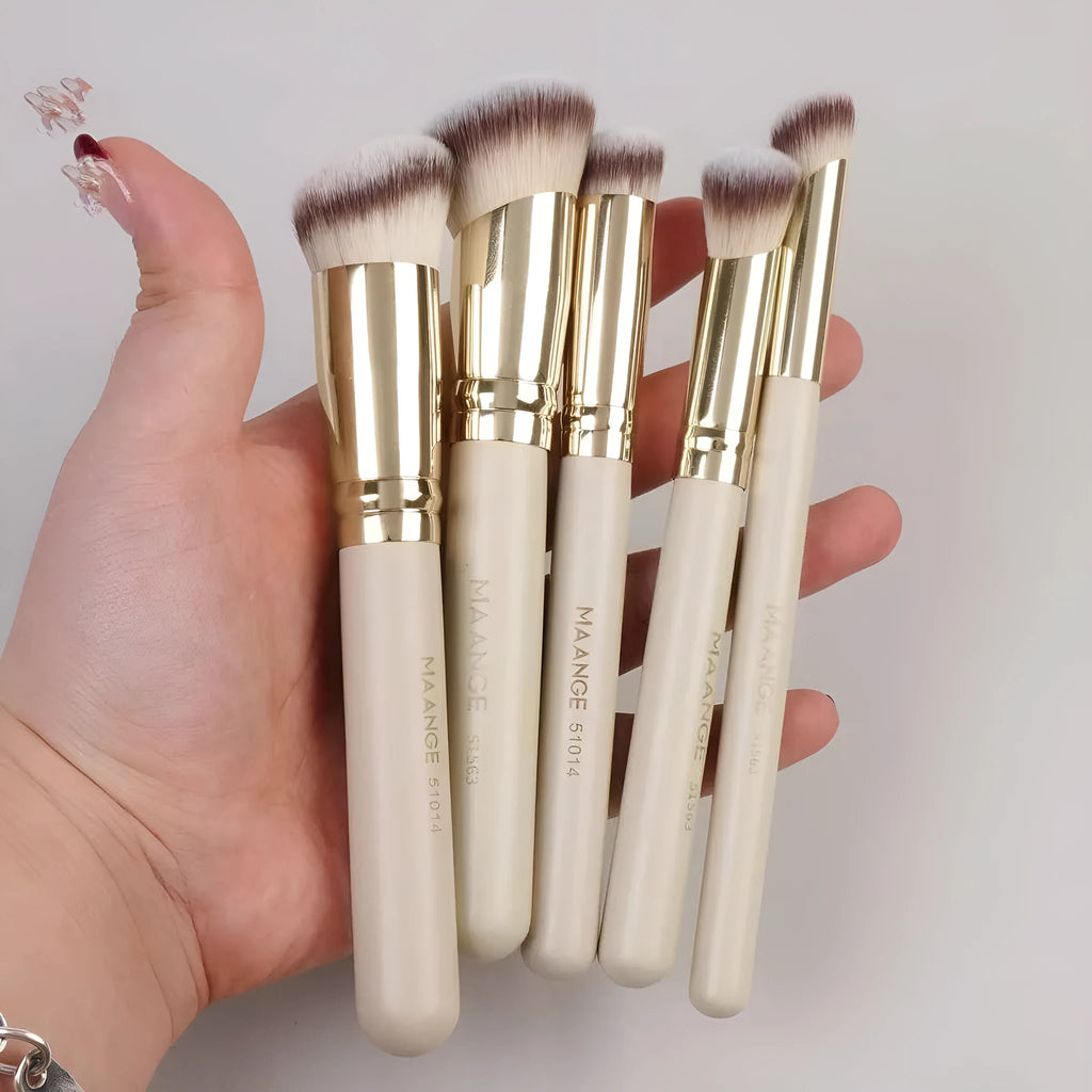 MAANGE 5 piece apricot angled makeup brush set with synthetic bristles for powder and blush