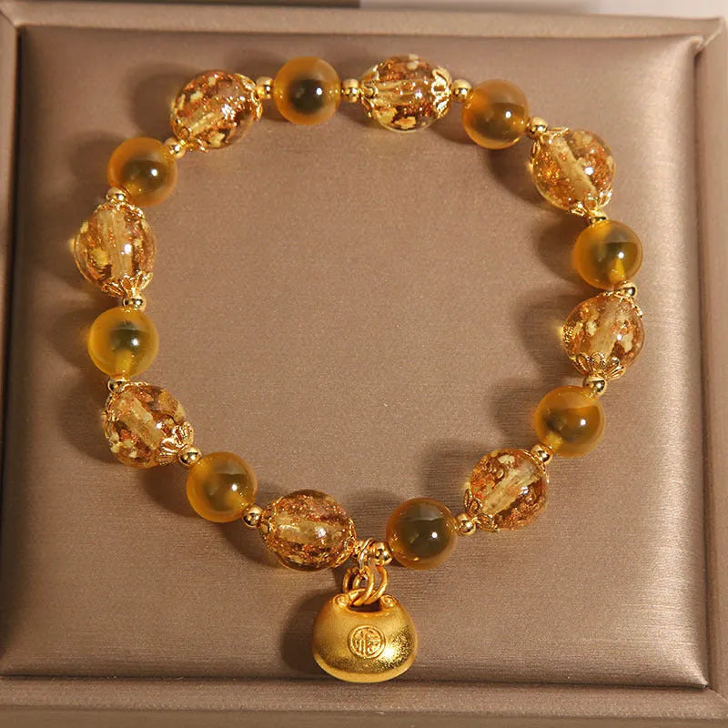 Natural yellow sugar heart agate crystal bracelet with luminous coloured glass beads for women