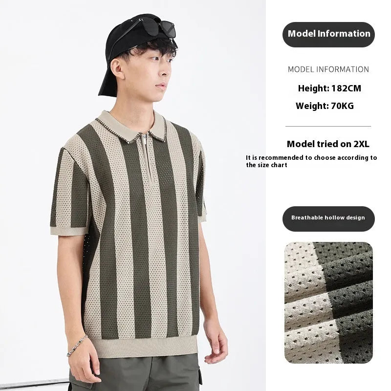 Man wearing a striped short sleeve viscose sweater with zipper details in sapphire blue.