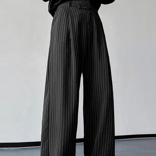 Men's black vertical striped pleated casual trousers made from rabbit hair and bamboo fibre blend