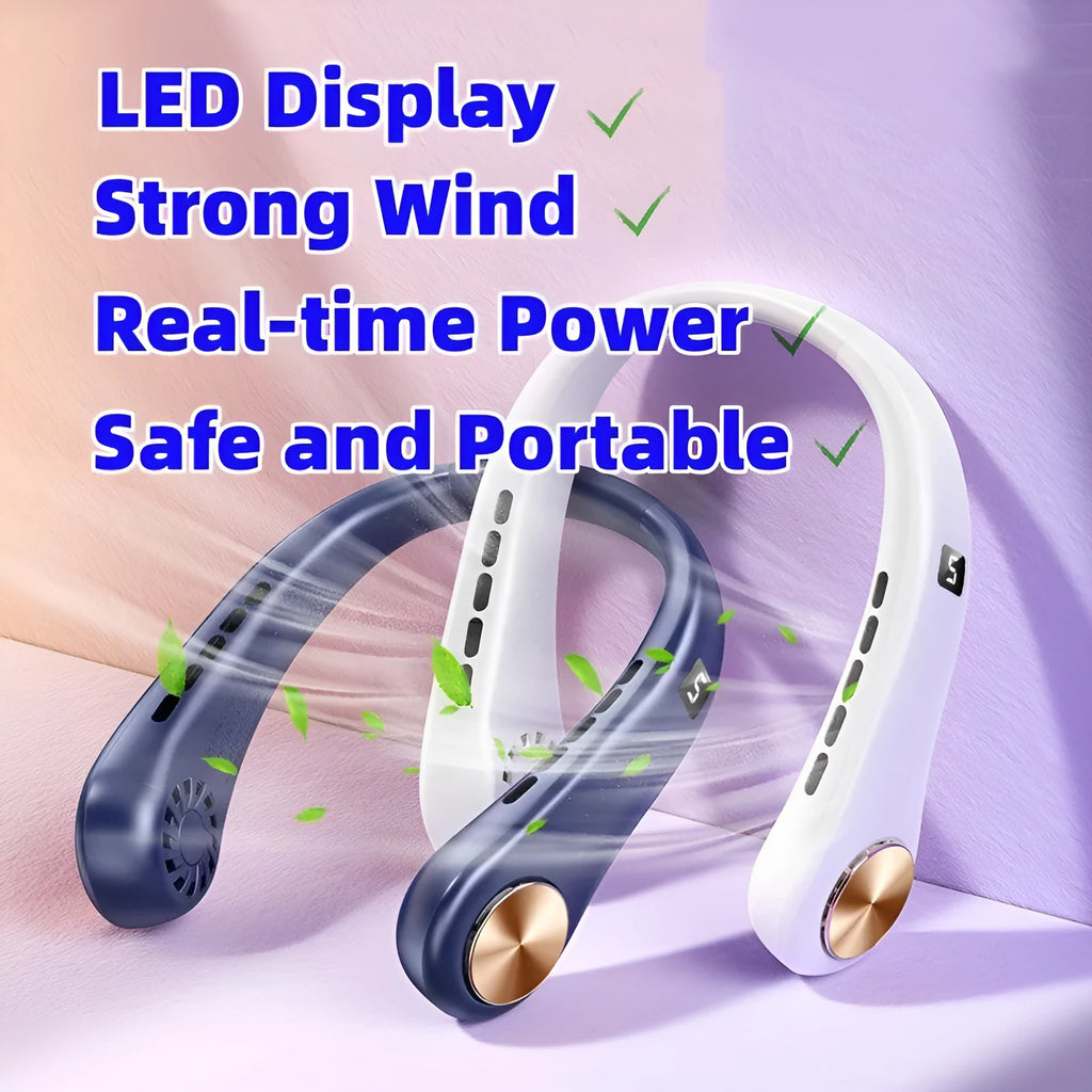 White bladeless neck fan worn around the neck showing its annular air outlet and modern design