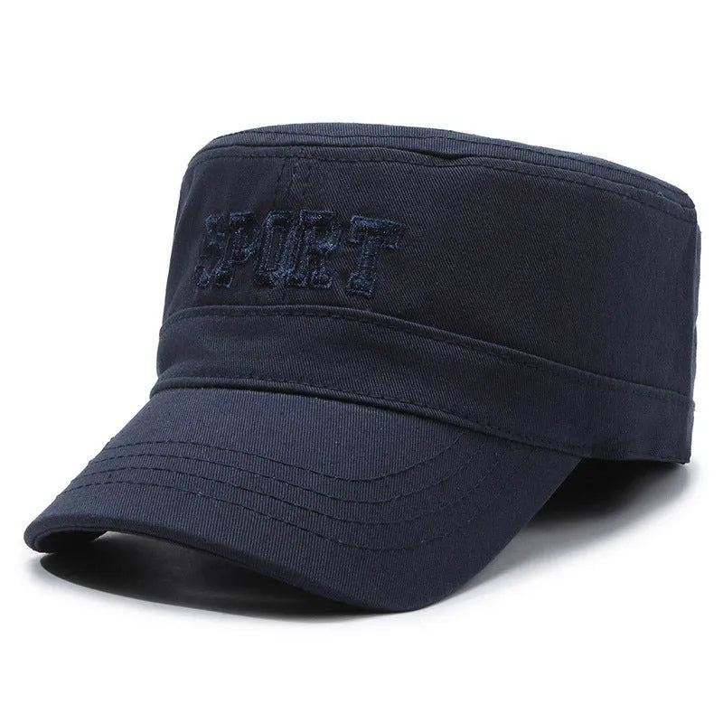 Men's adjustable cotton flat-top peaked cap in army green with dome crown and letter detail.