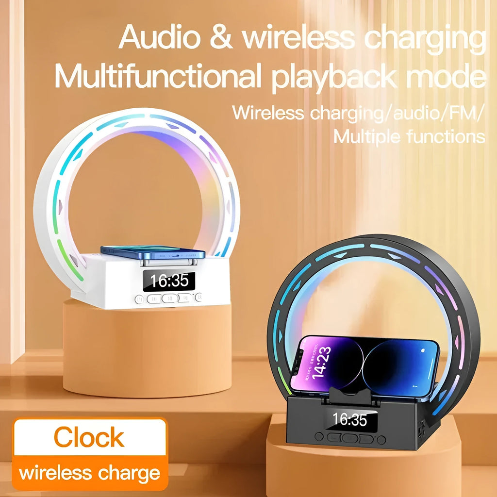 White multifunctional Bluetooth speaker bedside unit with digital clock display and wireless charging phone on top.