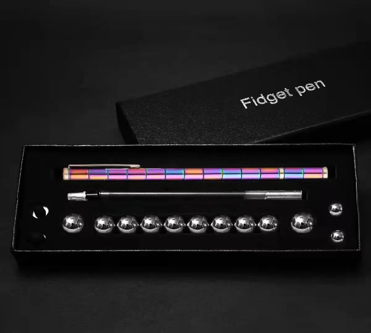 Magnetic modular pen set in silver iron box with 13 rings, 12 balls, 3 refills, 2 capacitor heads, and upgraded magnets