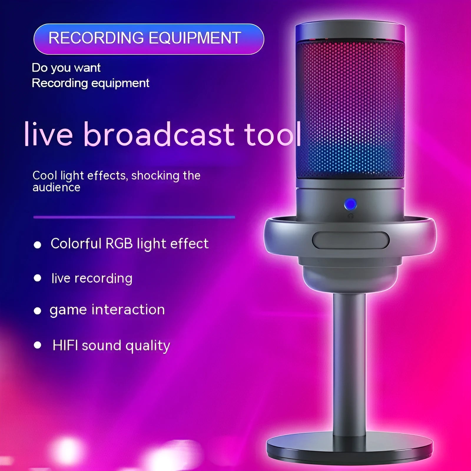 RGB condenser microphone for computer recording and live broadcast with USB cable