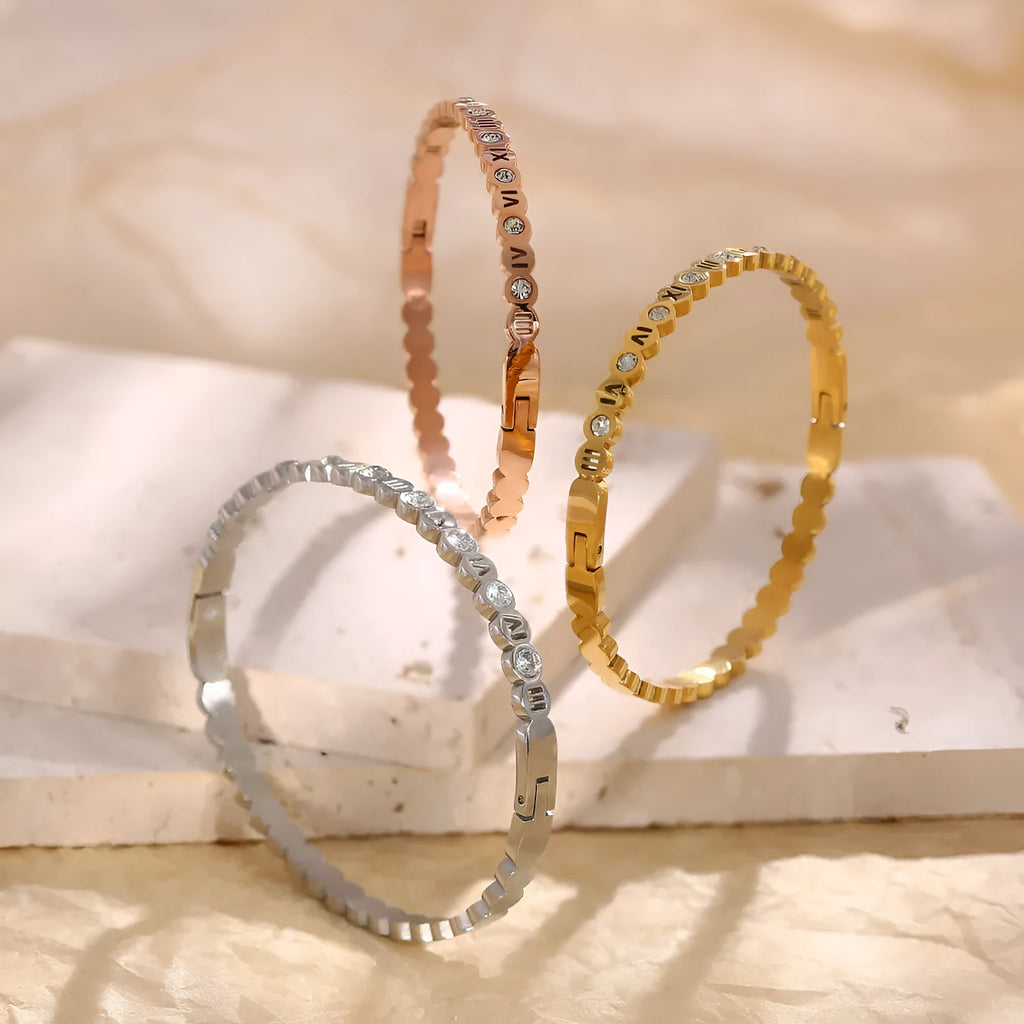 Korean style titanium steel bracelet with electroplated gold rose gold or steel finish and number charms