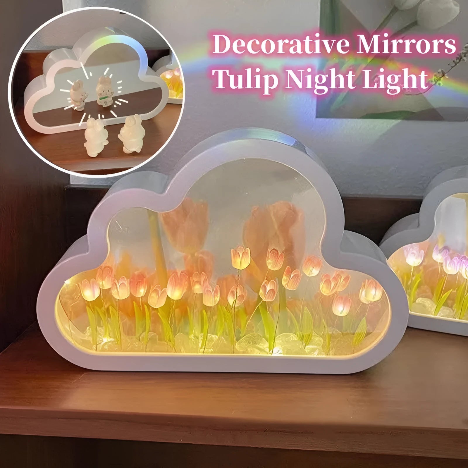 Tulip-shaped LED night lamp with decorative mirror photo frame in multiple colour options