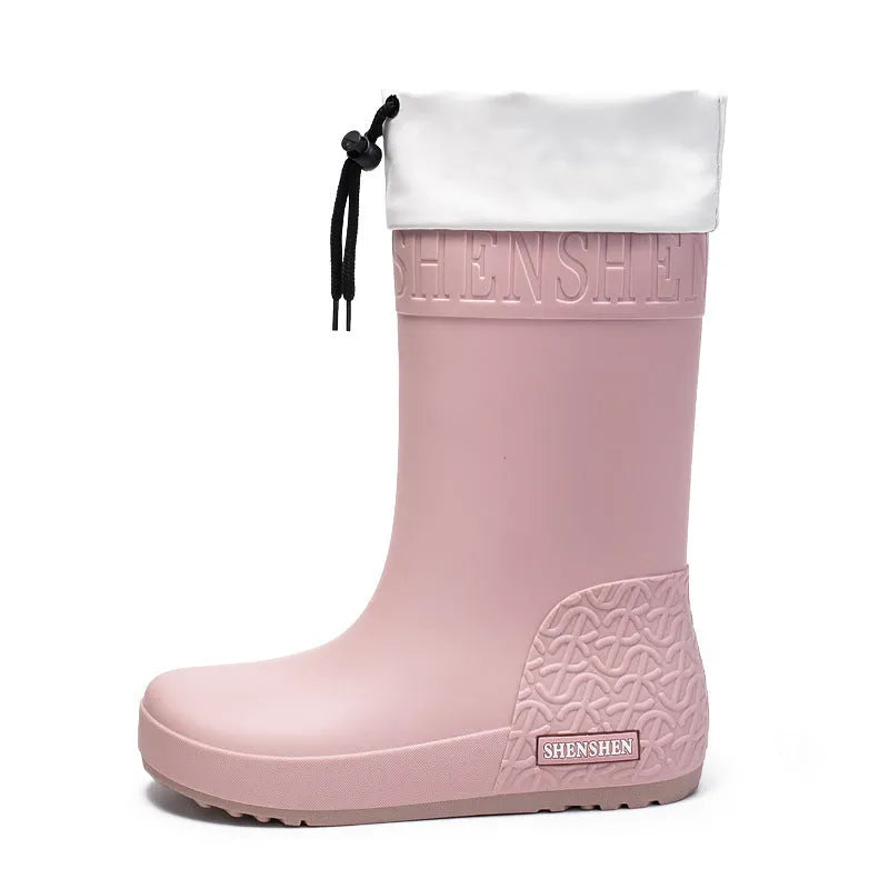 Women's non-slip PVC rain boots in apricot, black, brown, and pink waterproof mouth colours